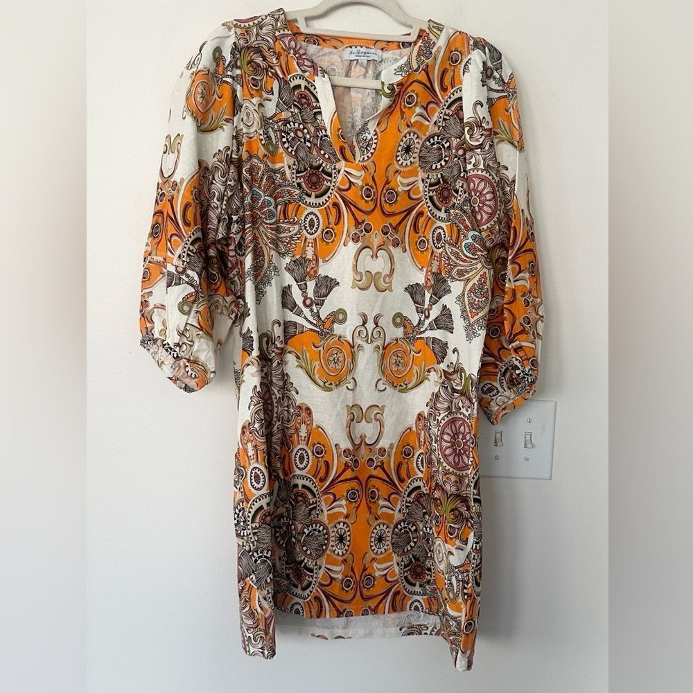 Le Ragazze Linen Blend Printed Italian Dress L